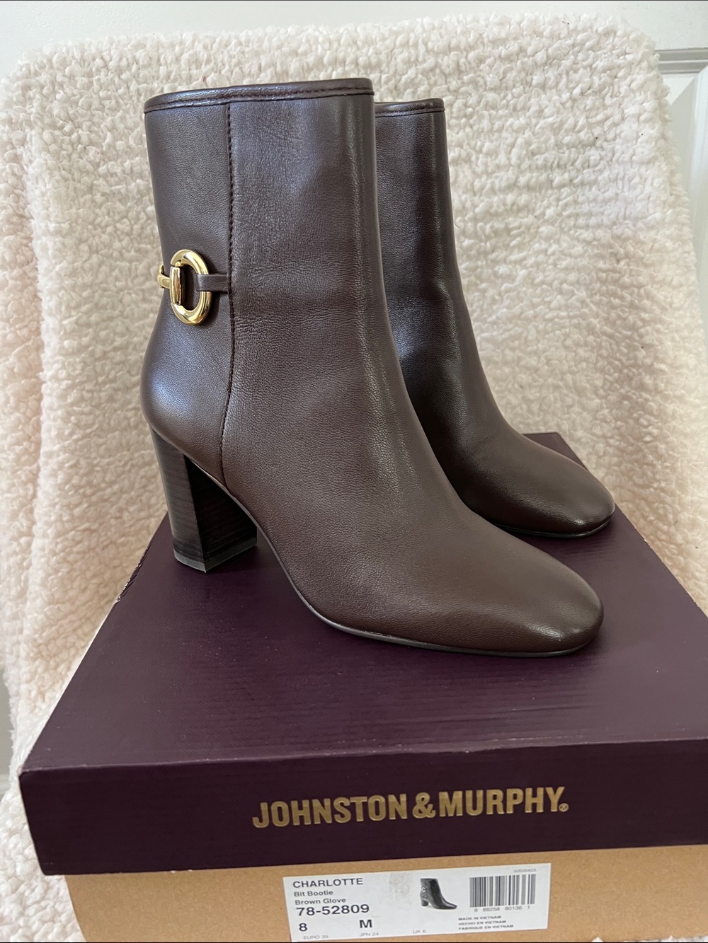 Johnston & Murphy Brown Leather Ankle Booties with Gold Accent - Size 8. 3” heel